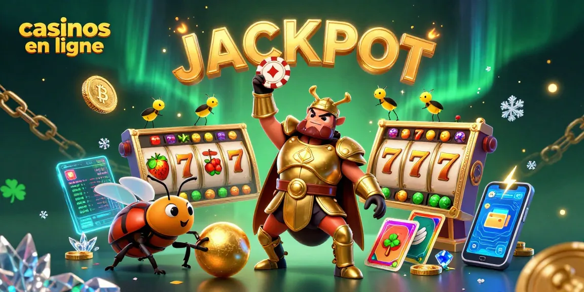 Image animée symbolisant les casinos en ligne avec un coléoptère levant un jeton de poker, entouré de rouleaux de machines à sous.