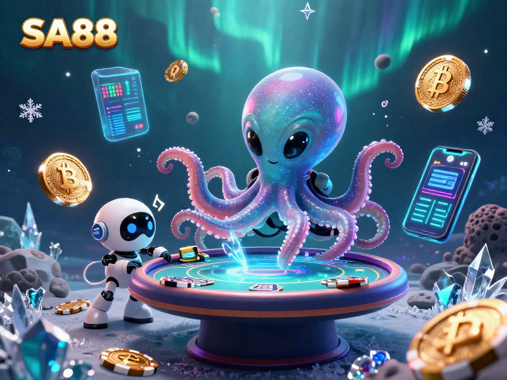 Engage in thrilling gaming at SA88 with an alien octopus dealing poker amidst cosmic elements.