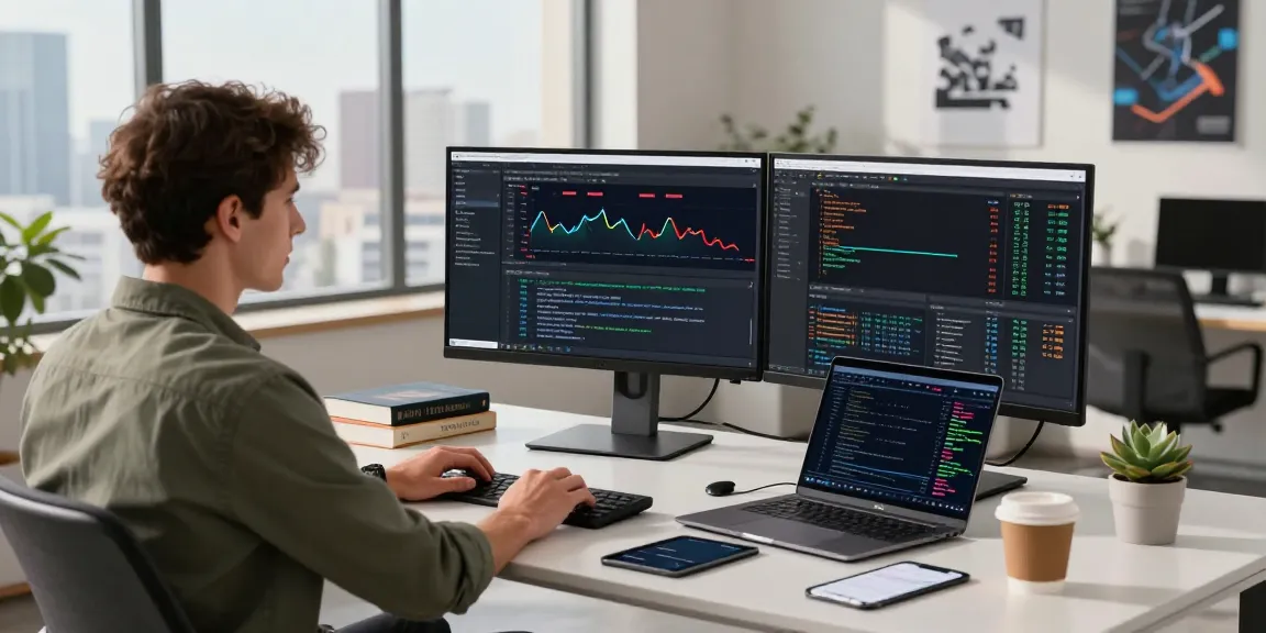 CME exchange futures data feed displayed on a developer's modern workspace with multiple monitors and trading tools.