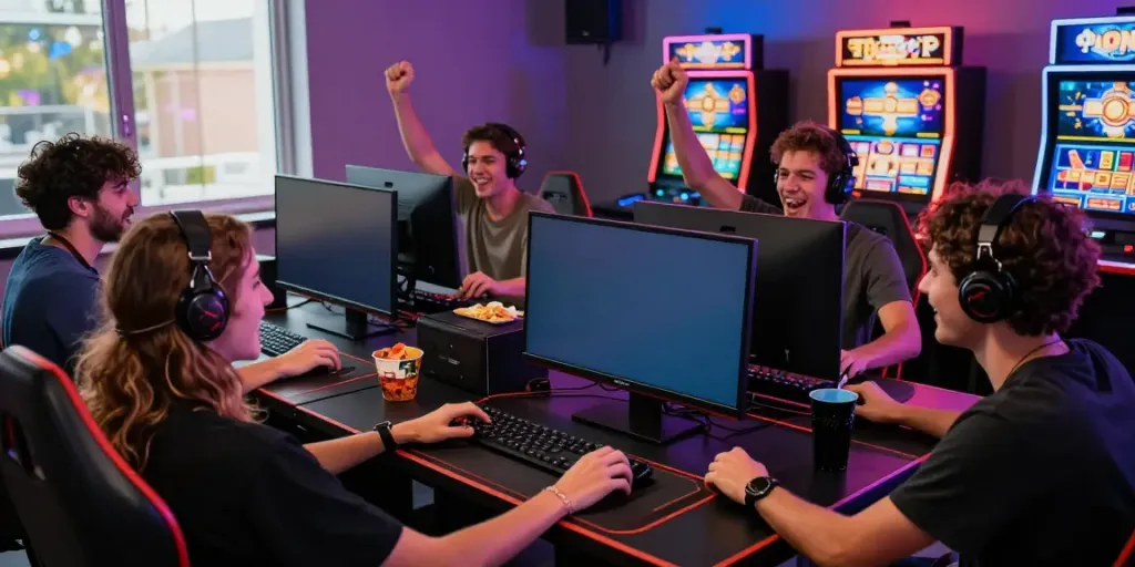 Engaged friends enjoying ทดลองสล็อต session at a vibrant gaming table filled with snacks and drinks.