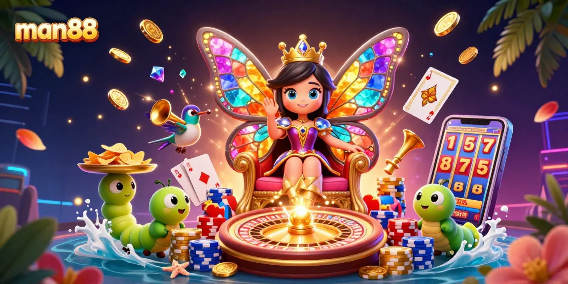 Engage with man88's vibrant casino scene featuring a butterfly queen and dynamic game elements.