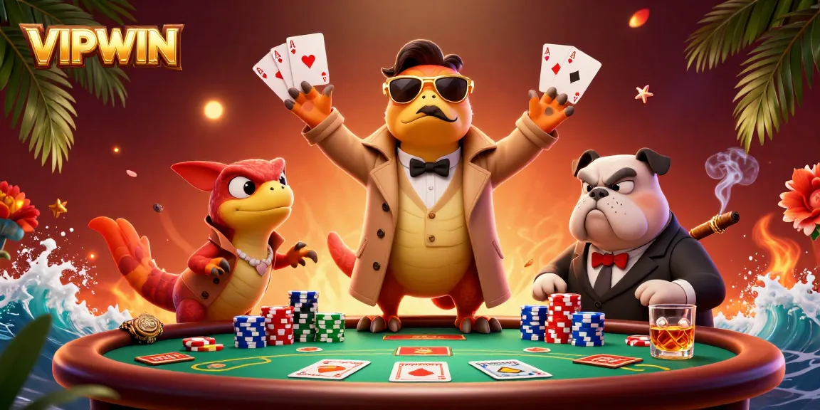 Raptors disguised as a person entering a VIP casino lounge at VIPWIN, showcasing poker elements.