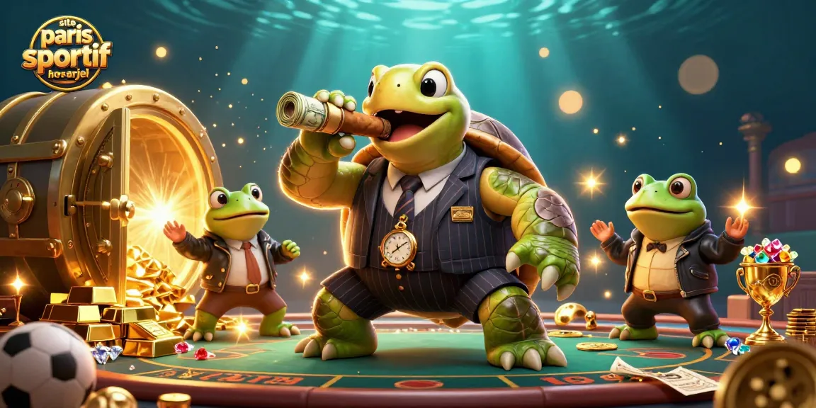 Pariez sur le site paris sportif hors arjel avec une scène dynamique de tortue et de grenouilles en casino.