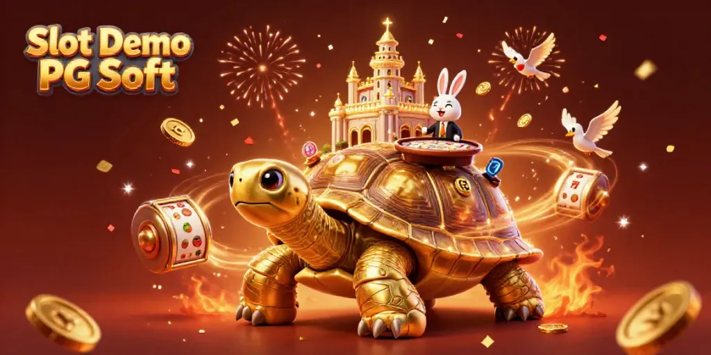 Experience the excitement of Slot Demo PG Soft with a vibrant casino scene featuring a golden tortoise and rabbit dealer.