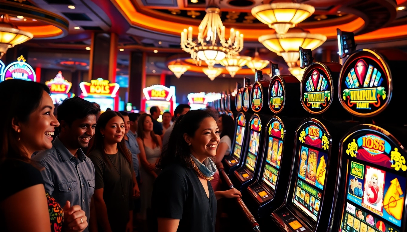 Engaged players enjoying slot gambling at vibrant casino machines surrounded by colorful decor.