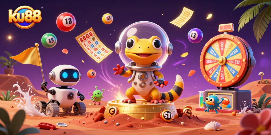 ku88 casino adventure with a Martian gecko uncovering treasures in a vibrant, colorful illustration