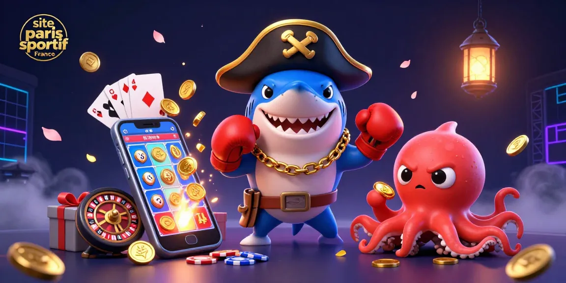 Découvrez le site paris sportif France avec un impressionnant requin-pirate et ses amis jouant à des jeux d'argent animés.