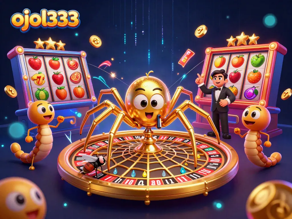 Betting with ojol333 in a dynamic online casino scene featuring vibrant slot reels and characters.