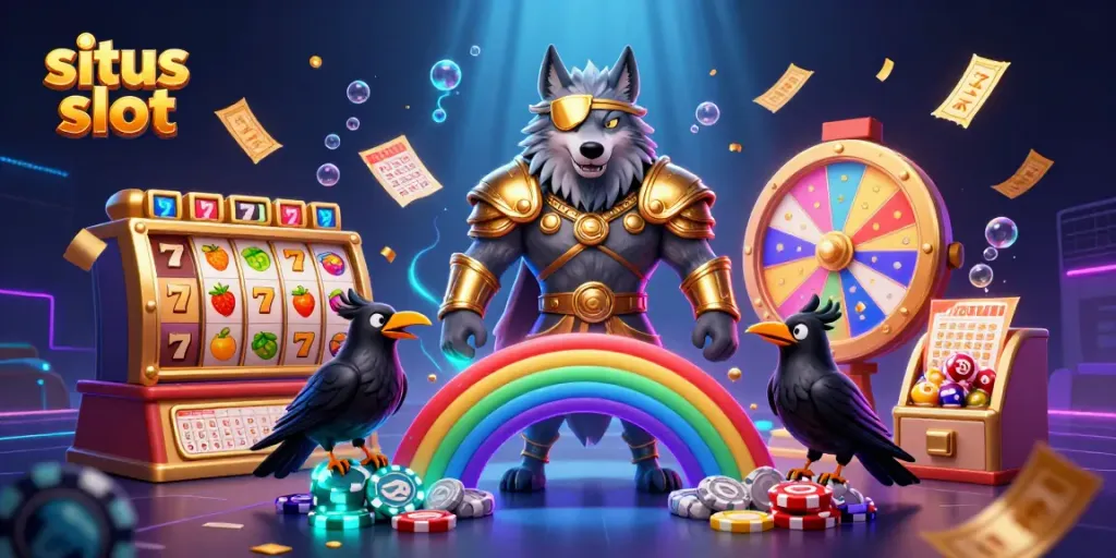 Engage in situs slot excitement with Odin and his ravens amid a vibrant casino scene.