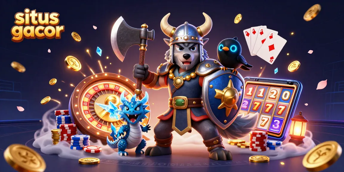Situs gacor showcases an enchanting 3D scene of a Viking warrior, dragon, and raven amidst dynamic casino elements.