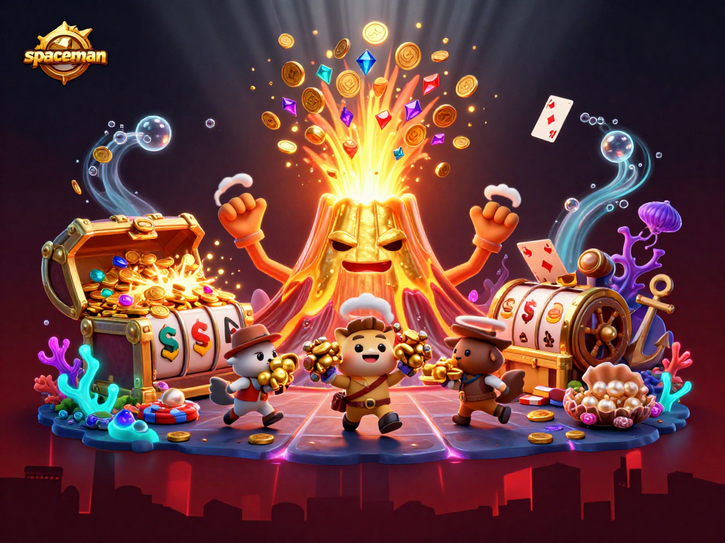 Engage with the spaceman slot game, featuring a vibrant 3D illustration of a golden volcano erupting treasures.