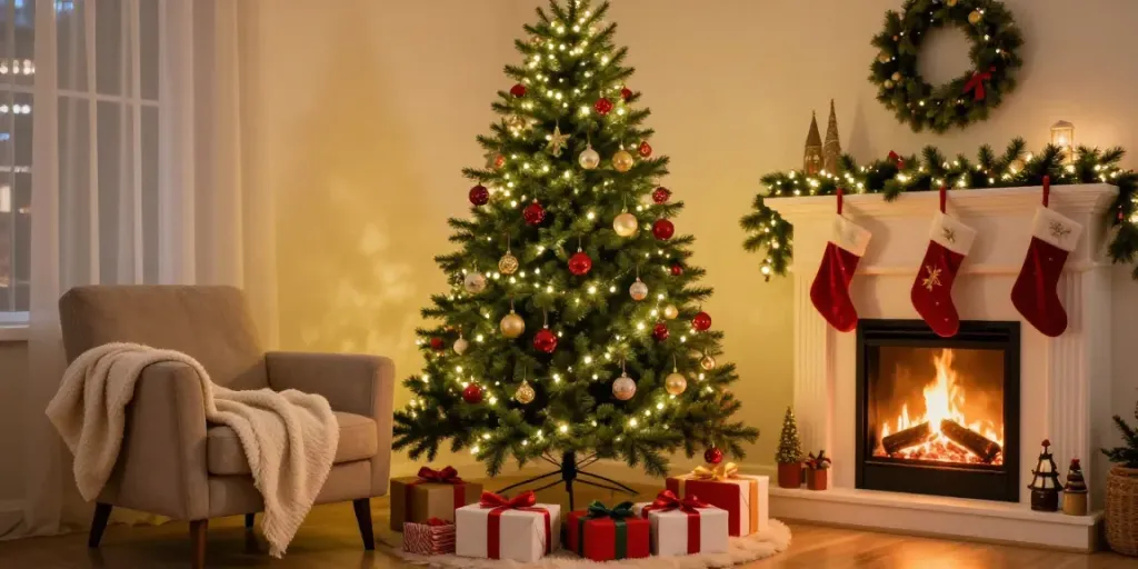 Beautifully decorated tall skinny Christmas tree standing in a cozy living room.