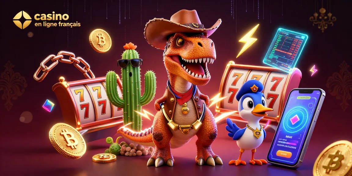 Illustration d'un casino en ligne français avec un dinosaure cowboy et des éléments de jeu dynamiques.