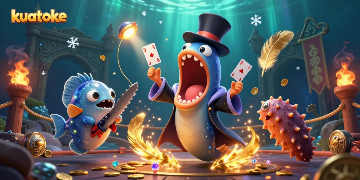 Kuatoke brings excitement to players with card tricks from a bioluminescent eel, showcasing a vibrant casino scene
