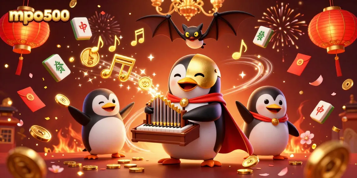 MPO500 showcases a lively casino scene with a penguin playing an organ, shooting coins, surrounded by festive symbols.