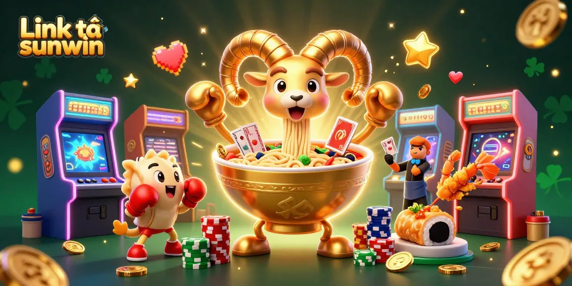 Engaging scene featuring Link tải sunwin with a golden ramen bowl character dealing cards amidst colorful gaming elements.