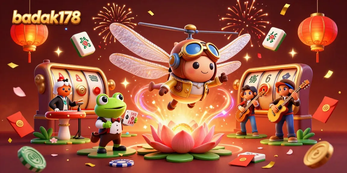 Experience excitement at badak178 with this ultra-detailed 3D scene of a dragonfly pilot amidst a vibrant casino, featuring lively game elements.