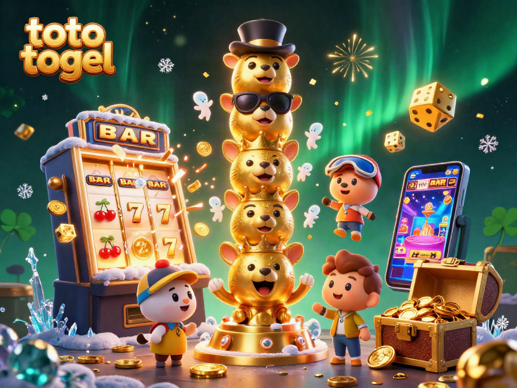 Engage in toto togel excitement with a vivid 3D casino scene showcasing jackpots and vibrant elements.