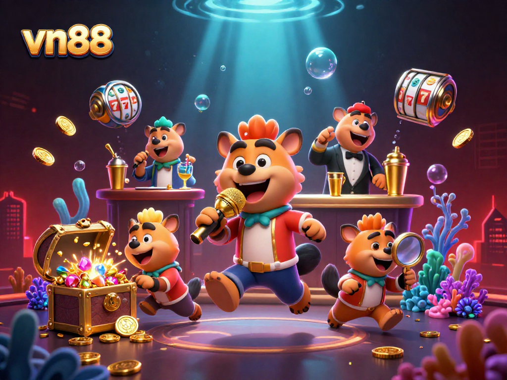 Experience laughter and excitement with the vn88 hyenas in a vibrant casino scene filled with gold!