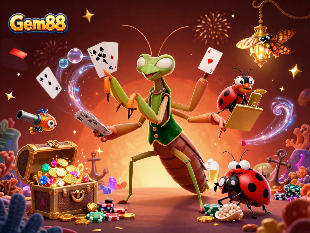 Gem88 showcases a festive casino scene with a giant mantis dealer, filled with excitement and vivid details.