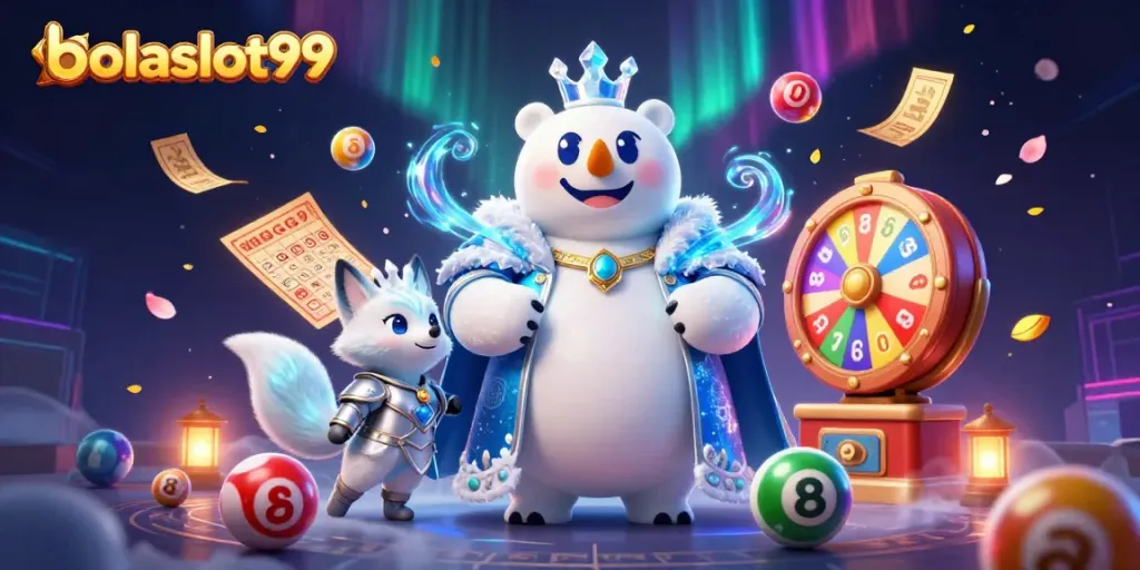 Engage in thrilling games at bolaslot99, with a whimsical polar bear and vibrant lottery elements.