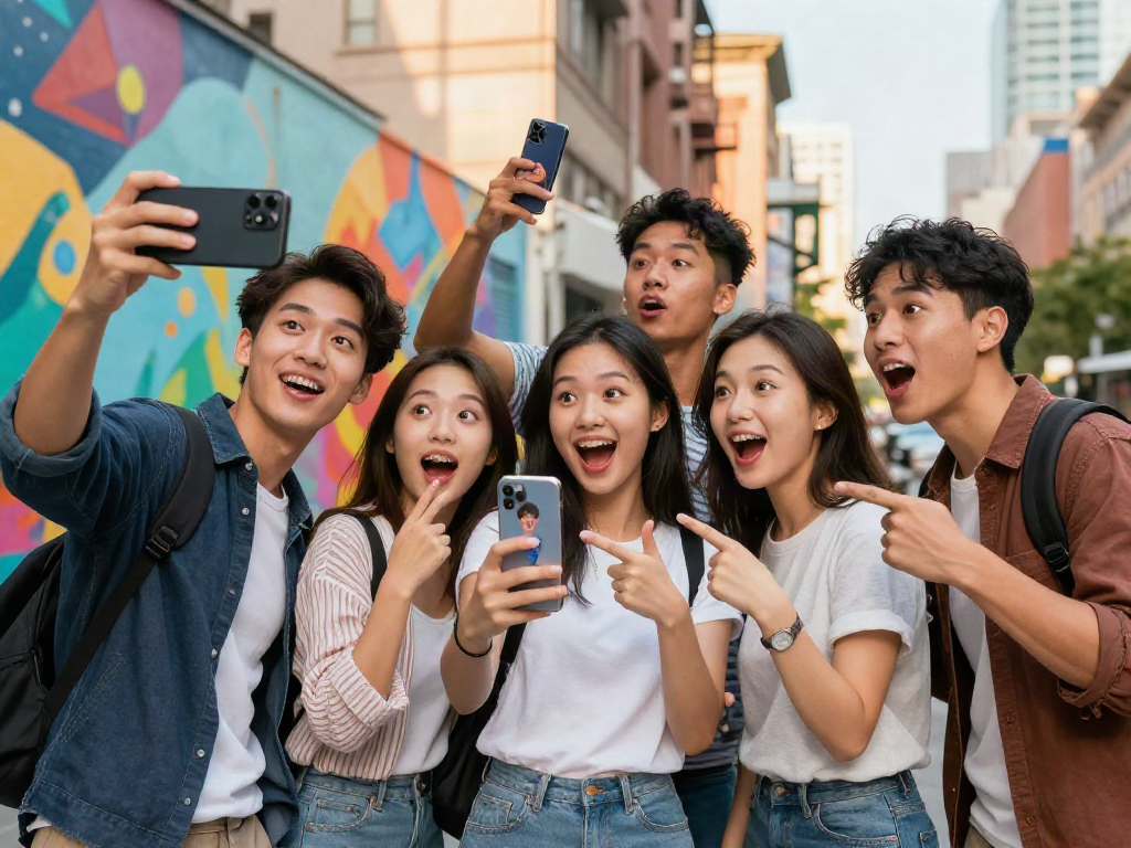 Friends comparing selfies to find their celebrity look alike in a lively urban setting.