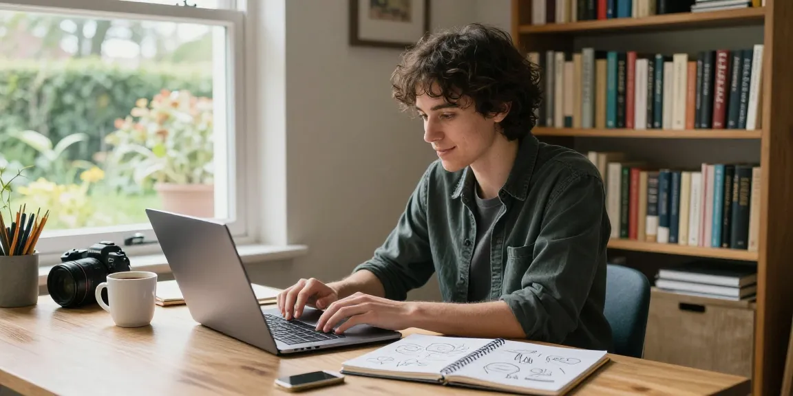Experience a cozy home office inviting readers to visit our blog for creative insights and inspiration.