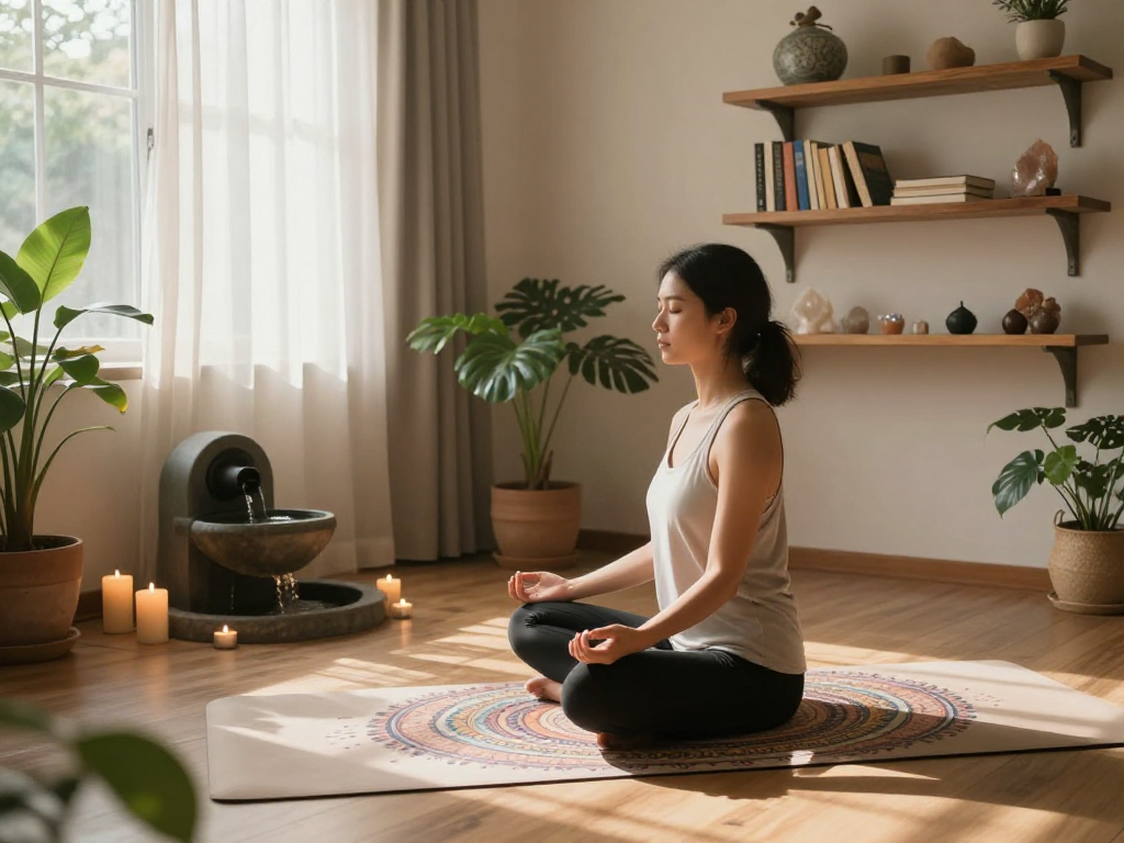 Practicing mantra 88 meditation in a tranquil yoga space.