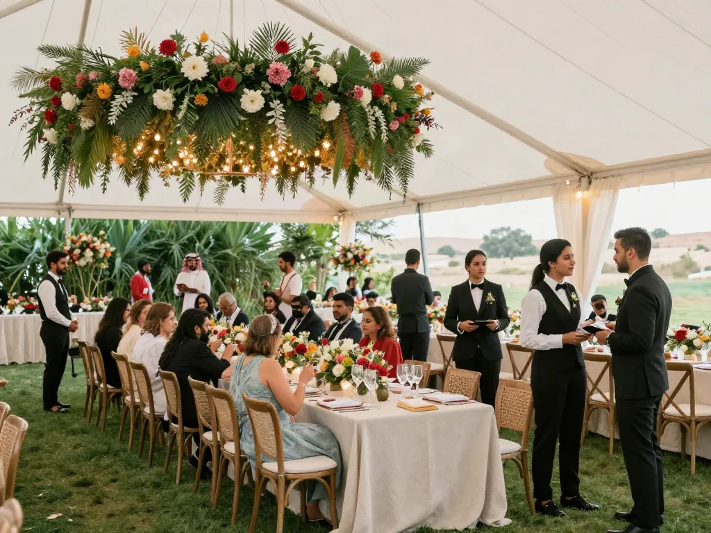 Event rentals showcase a stunning outdoor wedding setup with elegant tent decor and lively guests in Saudi Arabia.