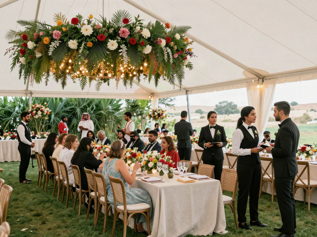 Event rentals showcase a stunning outdoor wedding setup with elegant tent decor and lively guests in Saudi Arabia.