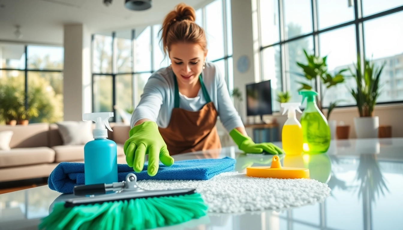 Bond cleaning in progress, showcasing a professional cleaner using eco-friendly products in an apartment.