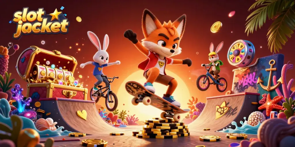 Melihat slot jackpot yang dihadapi oleh karakter kartun 3D kucing dan kelinci melambung dengan chip poker emas.
