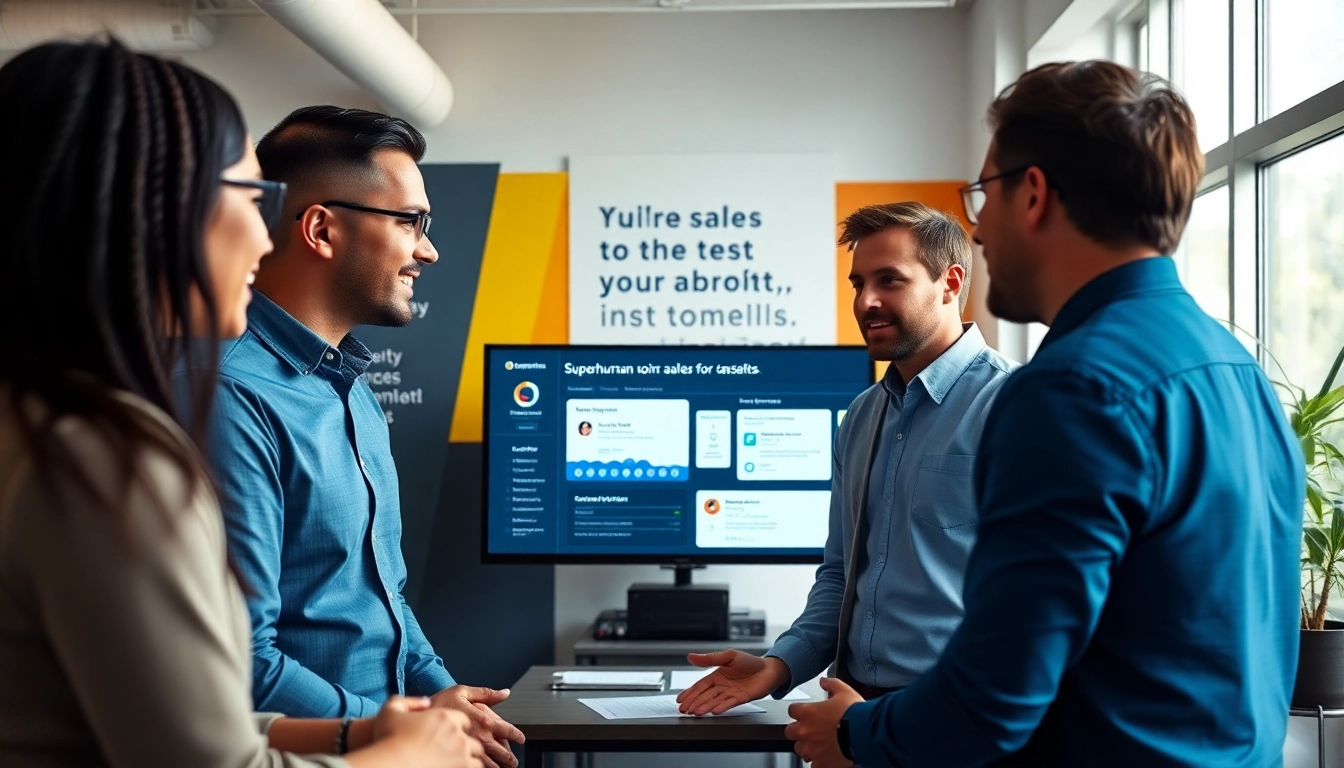 Engaged team optimizing Superhuman for sales communication strategies in a modern office.
