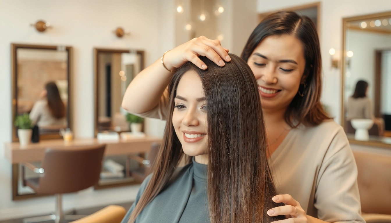 Hair straightening process showcasing a hairstylist smoothing shiny hair.