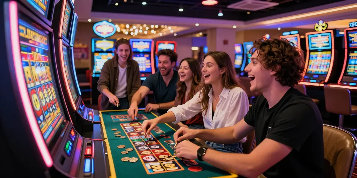 Situs slot excitement with friends at a vibrant casino, colorful slot machine and festive atmosphere.