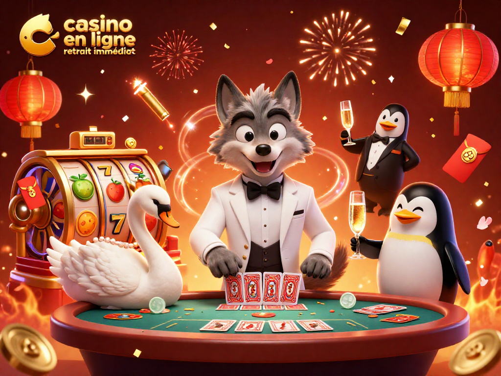 Vivez l'expérience de casino en ligne retrait immédiat avec notre illustration dynamique remplie de jackpots et de festivités.