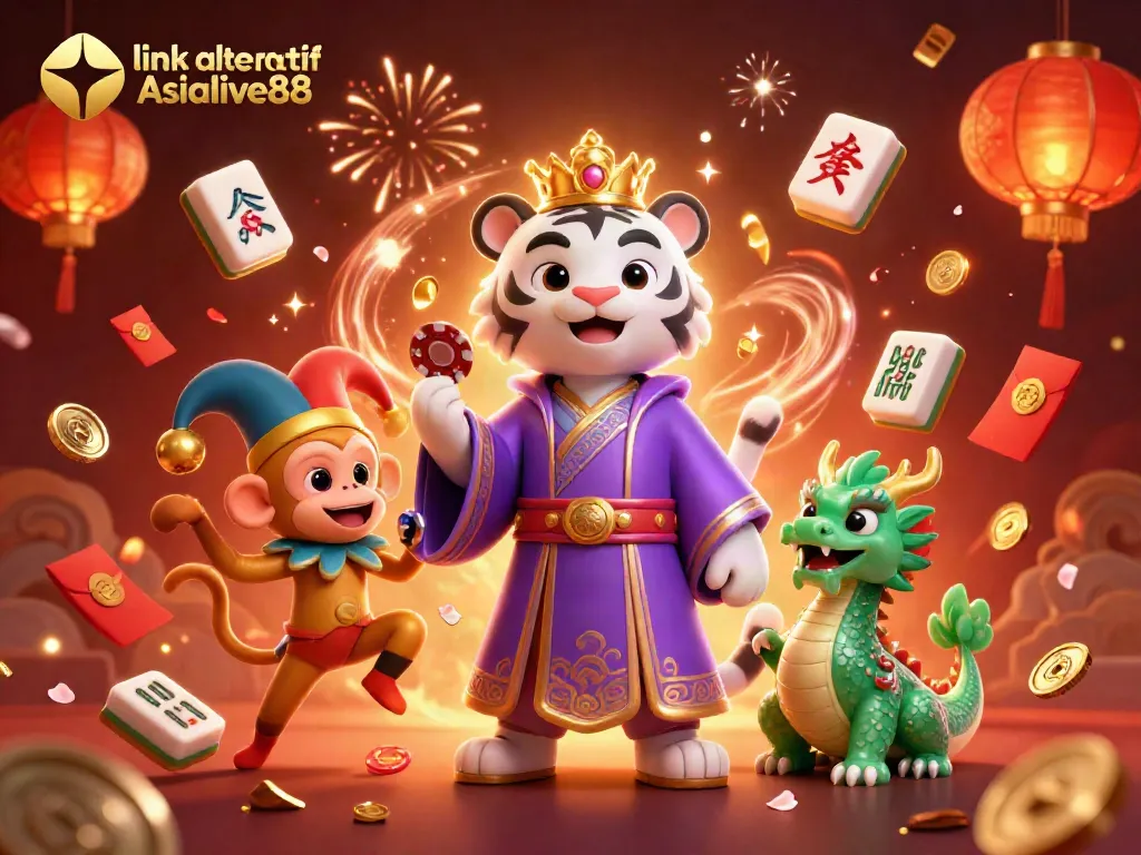 Engage with the vibrant world of link alternatif Asialive88 featuring a regal tiger, jester monkey, and jade dragon amidst celebratory casino elements.