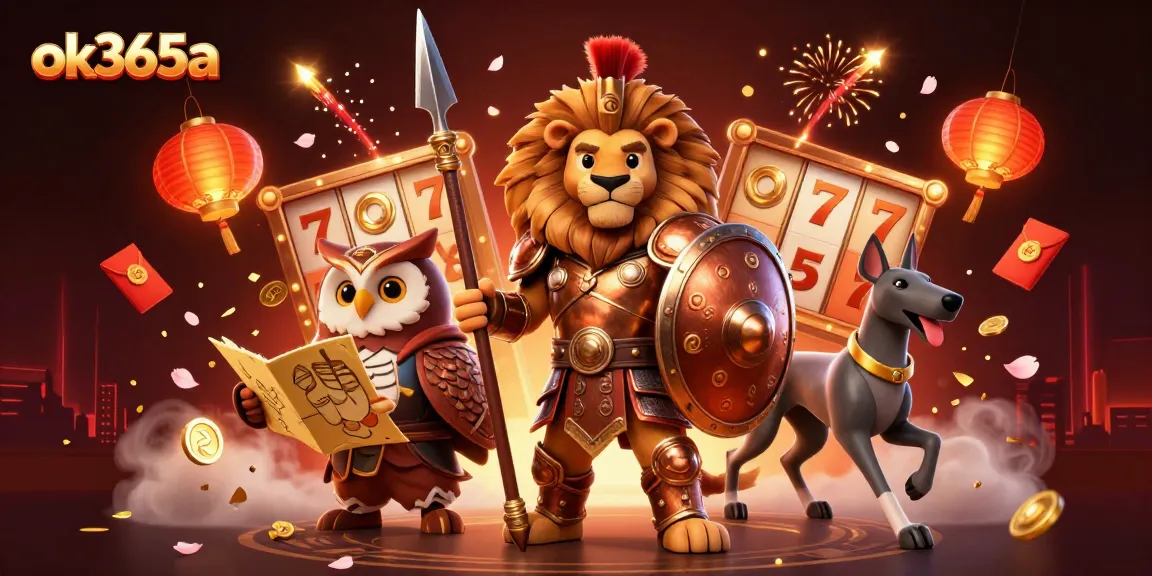 Play exciting games at ok365a, featuring a brave lion, strategic owl, and swift greyhound amidst vibrant casino elements.