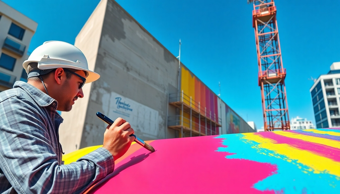 Applying paint to a commercial building highlighting professional painting commercial methods.