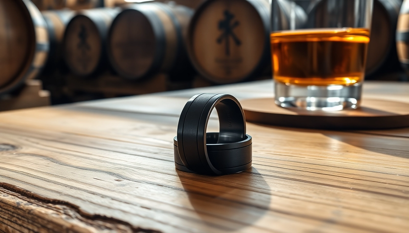 Showcase elegant Black Zirconium Rings set against a rustic backdrop of whiskey barrels.