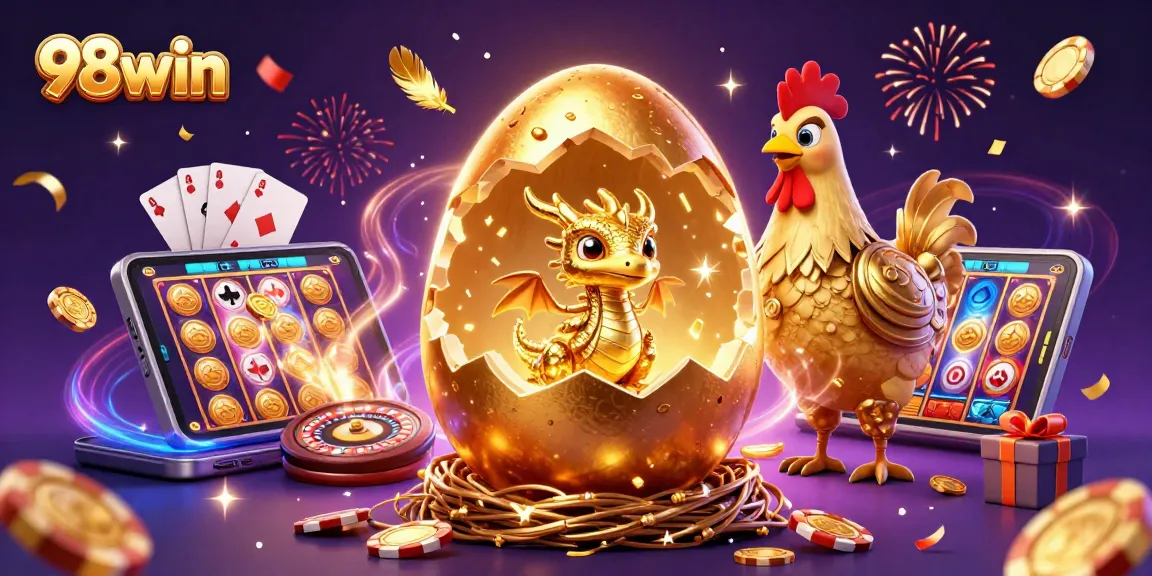 Play exciting games at 98win with golden dragon and poker chips in a festive casino atmosphere.