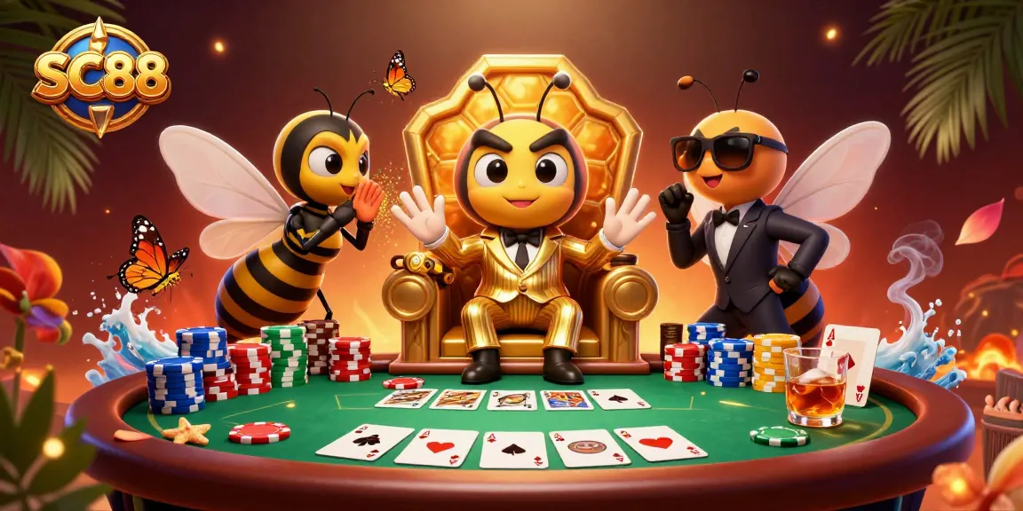 Join the SC88 excitement at this vibrant casino scene featuring card games and dynamic characters.