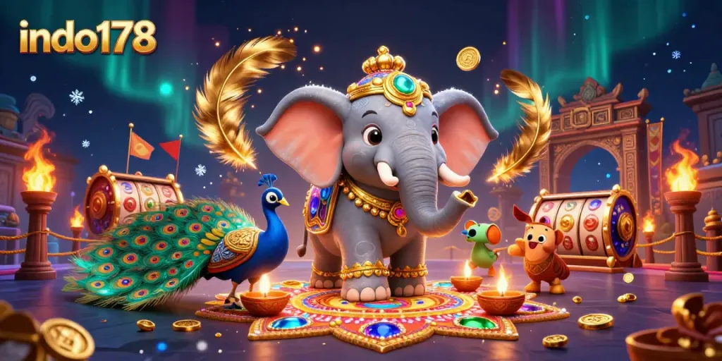 Spin and win with indo178 in a vibrant, dynamic casino scene featuring an elephant and peacock.