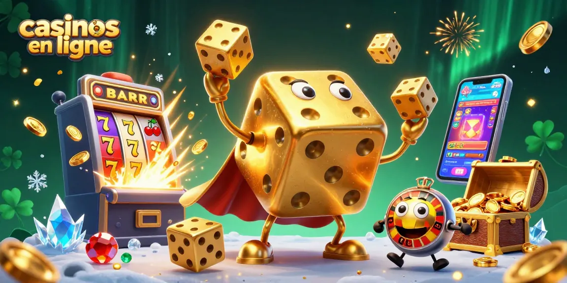 Profitez des casinos en ligne avec une scène animée de dés dorés, machines à sous et un effet spectaculaire de jackpot.
