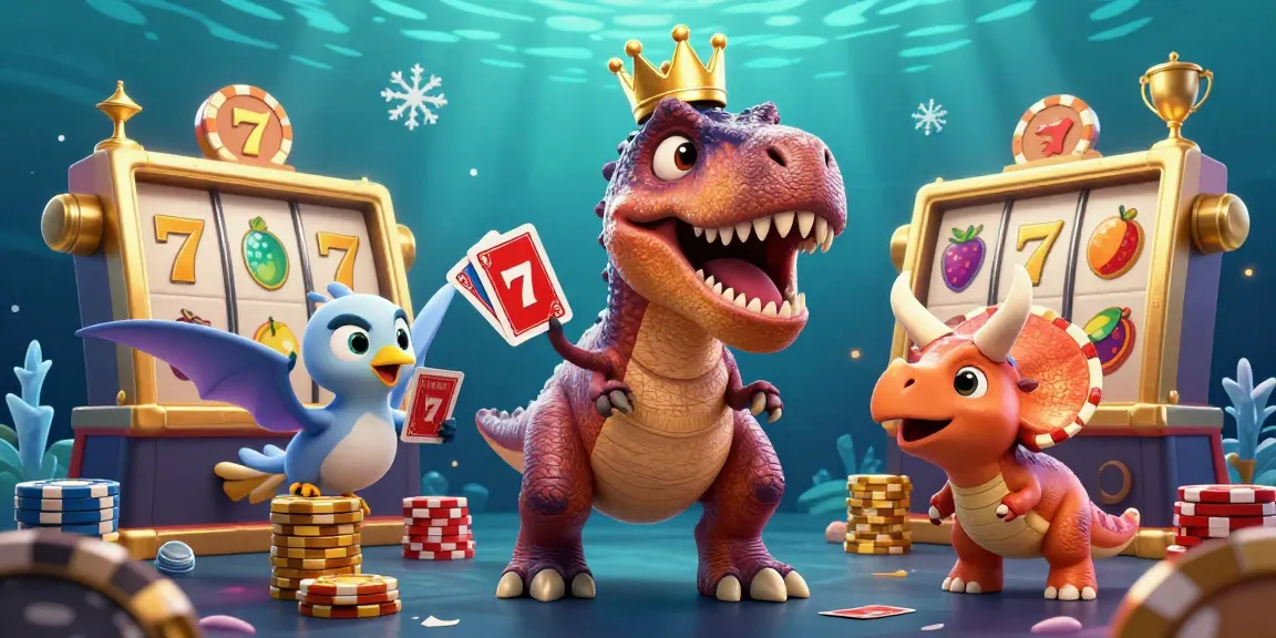 Engage in thrilling 888New gameplay with a friendly T-Rex and exciting slot elements in a vibrant scene.