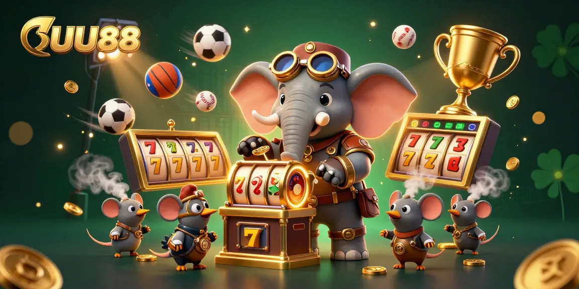 UU88 showcases an exciting gaming scene with steampunk elements, slot machine, and sports-themed visuals.