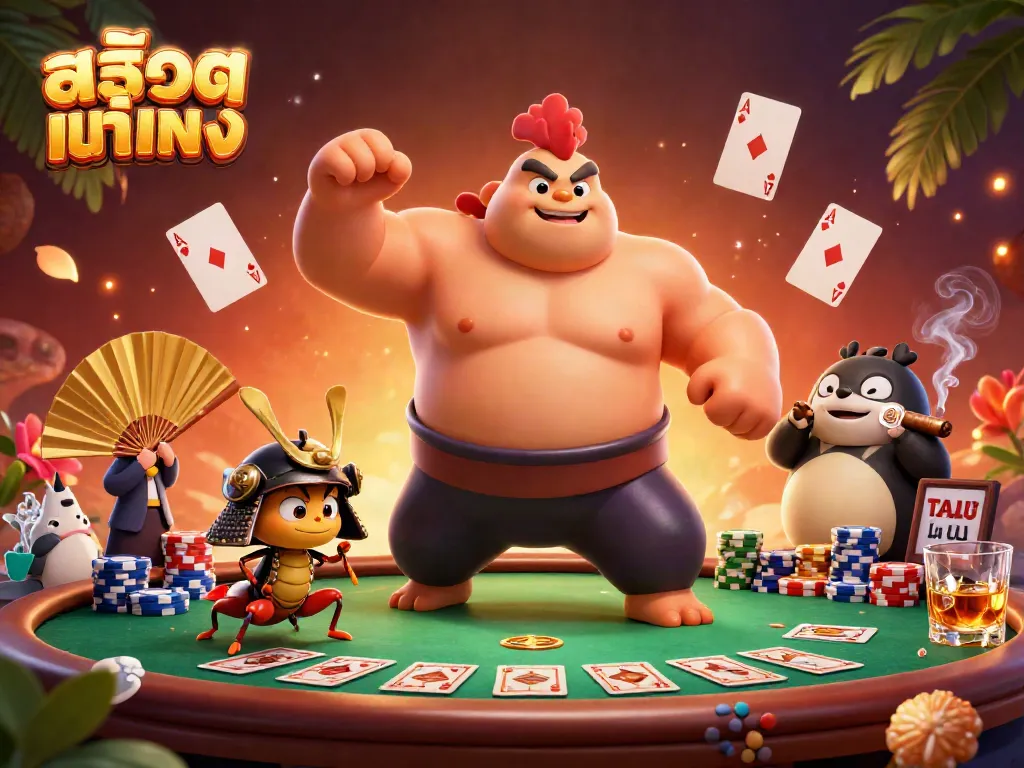 Engage with powerful casino action featuring a sumo rooster and samurai cricket amid vibrant scenes of สล็อตแท้ตรง gaming.