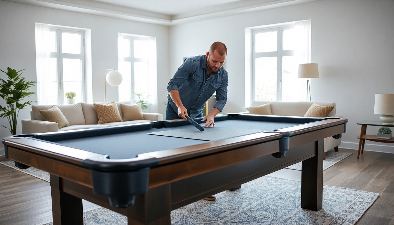 Pool table mover disassembling a slate pool table in a bright living room.