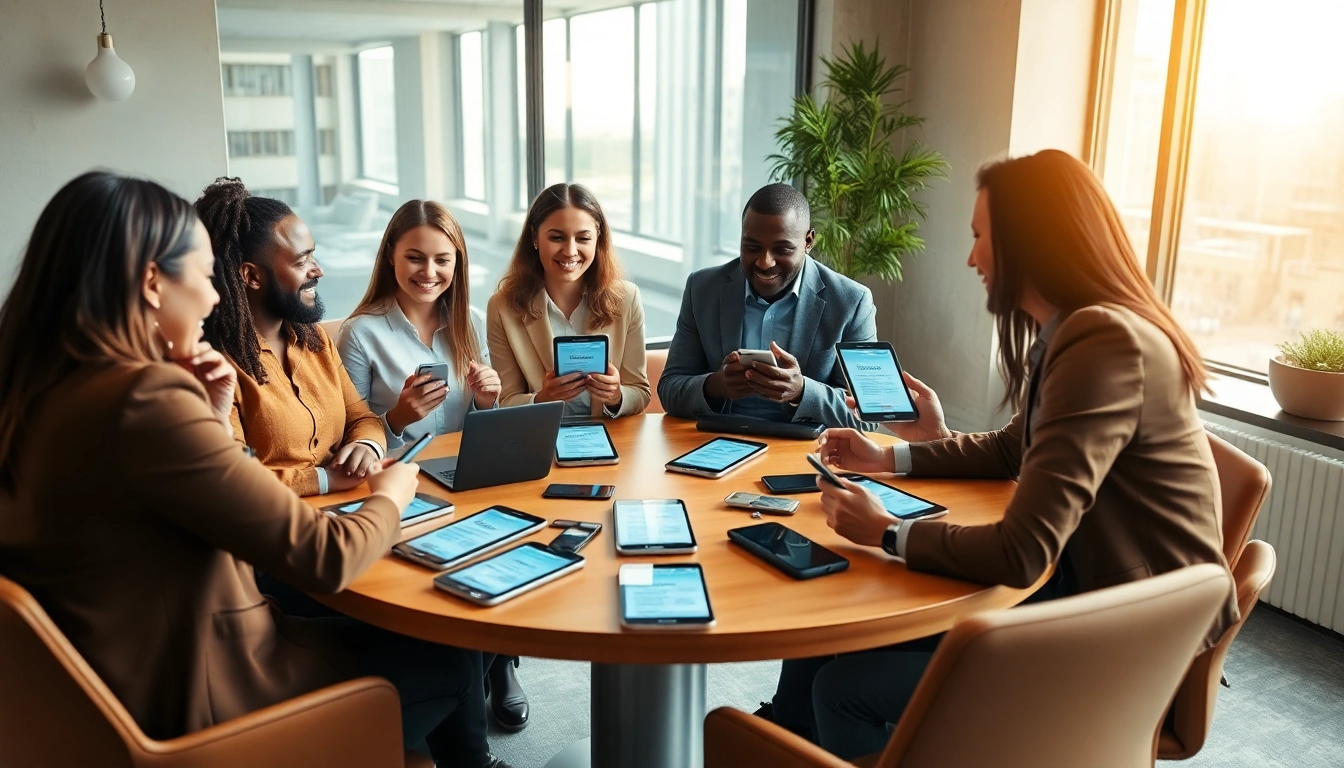 Explore mobile plans for small businesses in a vibrant office setting with entrepreneurs collaborating.