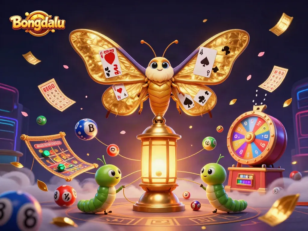 Bongdalu showcases a dazzling scene with a golden-winged atlas moth surrounded by casino-themed elements.